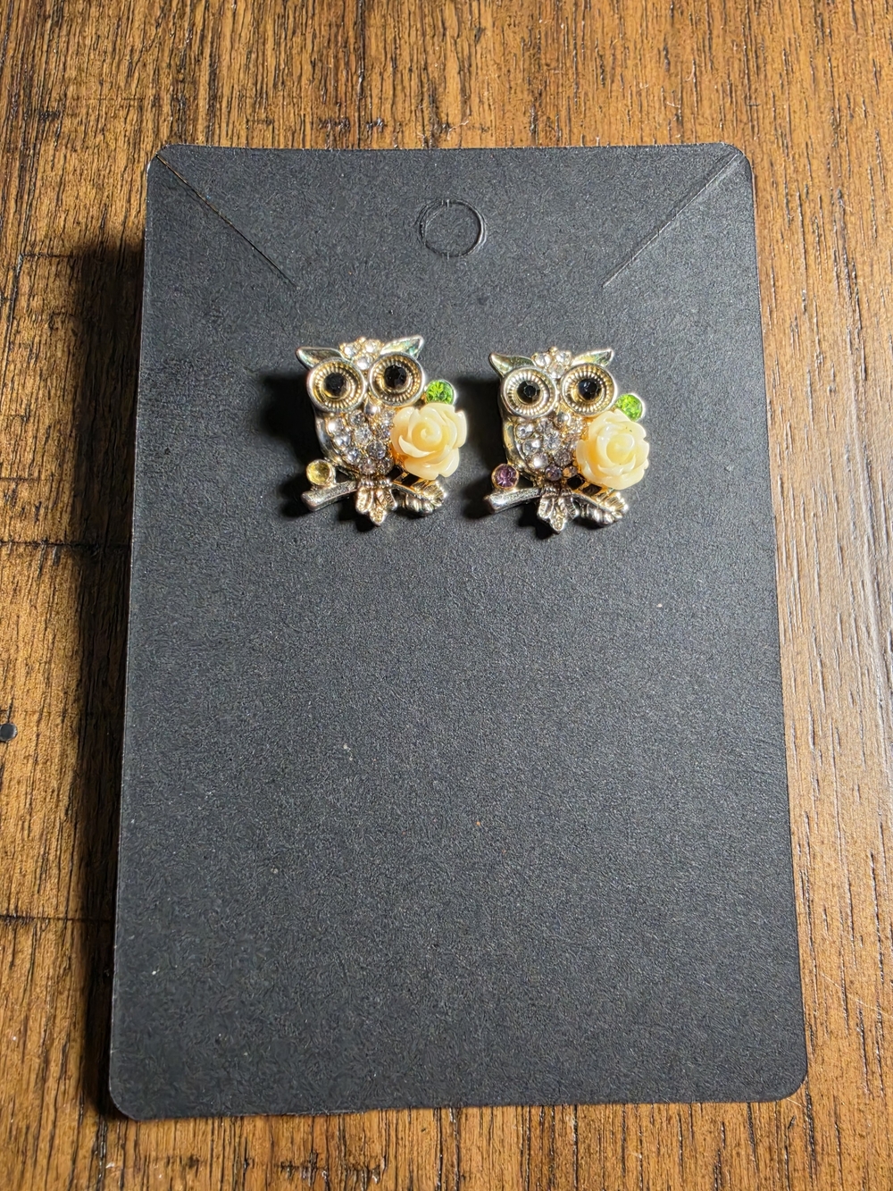 Gold-Tone Owl Stud Earrings with Yellow Rose Accent